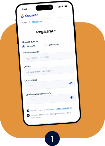 Mobile phone screen displaying a Spanish registration form with fields for account type, name, email, password, and password confirmation.